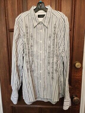NWOT-J. Campbell Black, Gray & White  Striped Embroidered Mens Shirt-XL